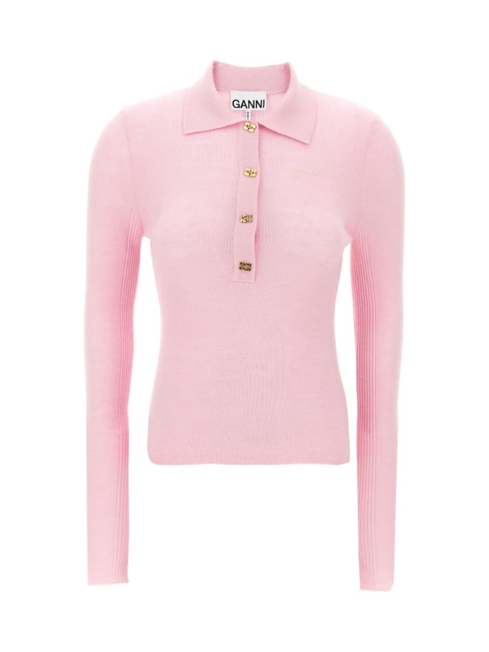 Ganni Pale Pink Ribbed Polo Knit Long Sleeve Top with Gold Buttons